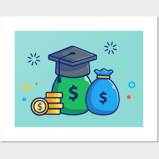 Scholarship, Money Bag, Gold Coin And Graduation Cap Cartoon Posters and Art